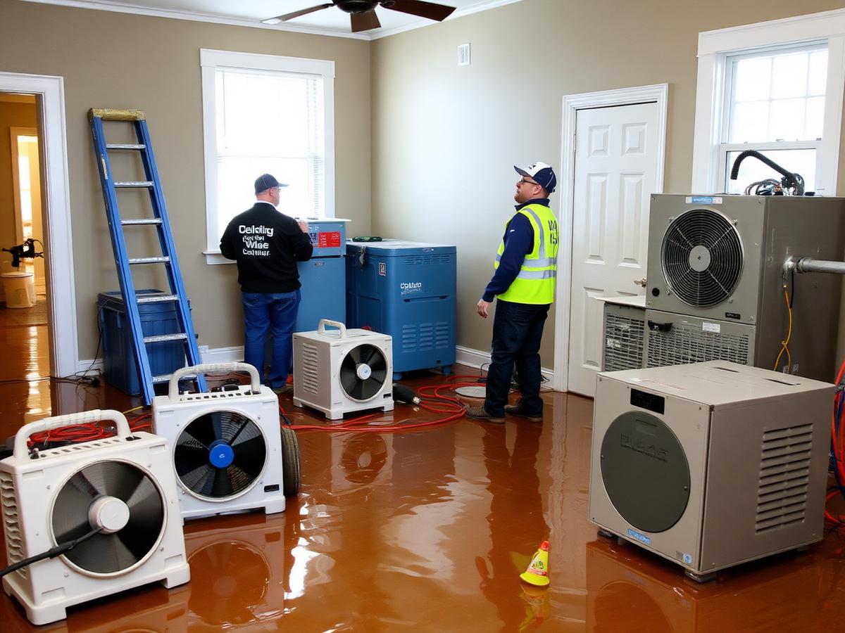 Legendary Construction crew drying a flooded home with industrial fans